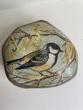 Vintage Coal Tit Bird Decorated Stone Rock Pebble Paperweight Decorative Item