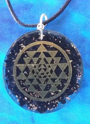 ORGONE SHUNGITE Pendant With COPPER SRI YANTRA MANDALA, Large Shungite Necklace