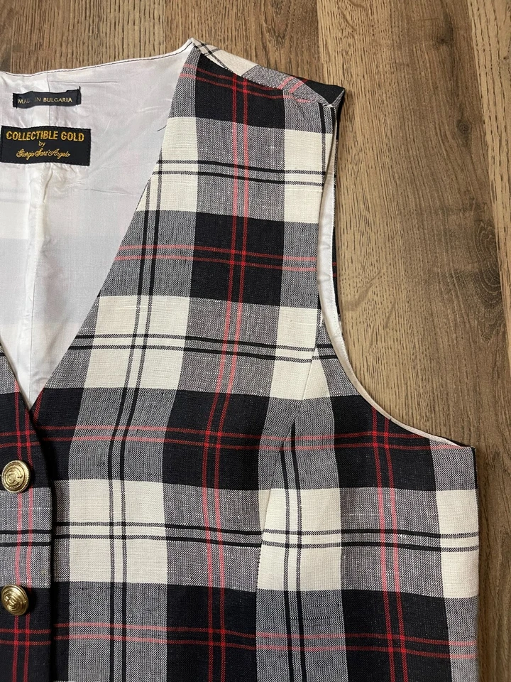 Chaleco Giorgio Sant'Angelo, Para Mujer Talla Grande, Rojo Negro Cuadros Dorado Botones Forrado Foto 4 de 4