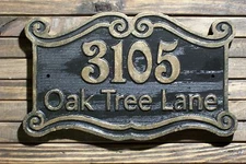 Address Sign Antique Brass Finished Double Scroll Wood Carved Plaque