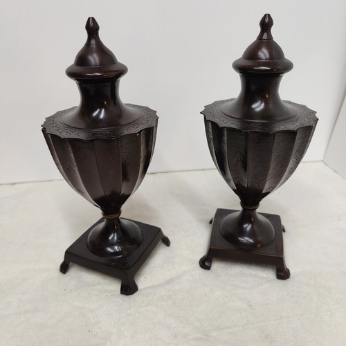 Matching Pair SOLID BRONZE Vintage Engraved Urns 10", Footed W/ Lids, Unmarked - Picture 2 of 21