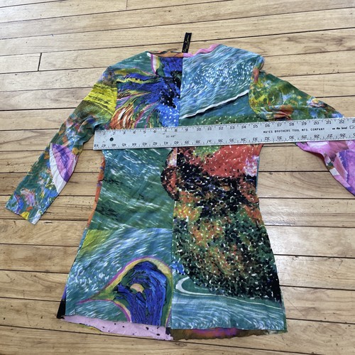 Elana Kattan Psychedelic Top Women L Abstract 3/4 Sleeve Scoop Mesh Hippie Rave - Picture 9 of 24