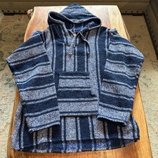 Mexican Baja Pullover Sweater Poncho Pullover Hoodie Mens size XL Blue White