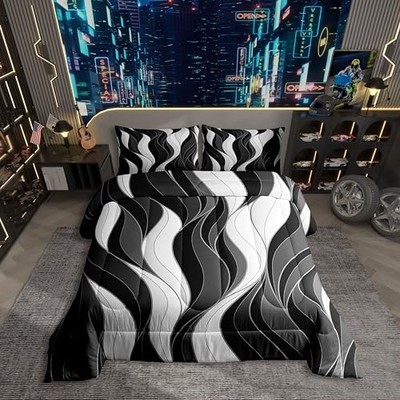Black and Grey Striped Comforter,3Pcs,Size,Modern Abstract Queen Black White