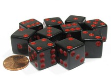 Set of 10 Six Sided Square Opaque 16mm D6 Dice - Black with Red 16mm,