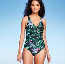 Kona Sol Large Full Coverage Tummy Control Tie Front One Piece Swimsuit NWT