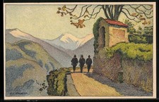Künstler-AK Ernst E. Schlatter: Patrouille auf einer Strasse im Tessin 