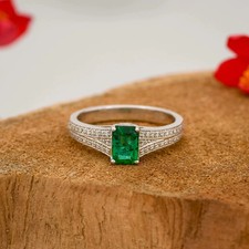 3.00 Ct Emerald Cut Natural Emerald  Diamond Wedding Ring 14K White Gold