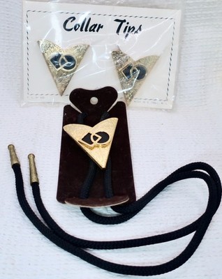 Vintage New Old Stock Western Bolo Tie & Collar Tips Set Gold Tone Black Enamel