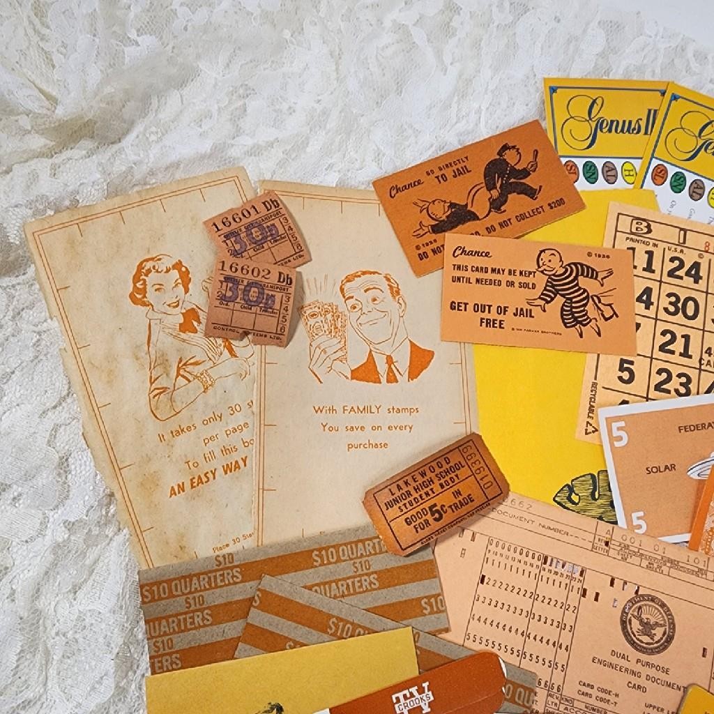 35 pc paper pack orange ephemera vintage paper ephemera lot tickets labels etc x