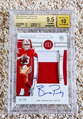2022 NATIONAL TREASURES BROCK PURDY TRUE RPA ROOKIE PATCH AUTO #/99 BGS 9.5 10