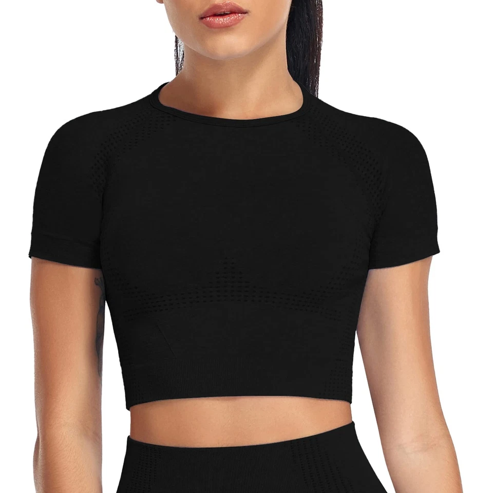 Haut Court de Sport Femme pour Yoga Fitness Entraînement Sculptant Noir S - Photo 4/4