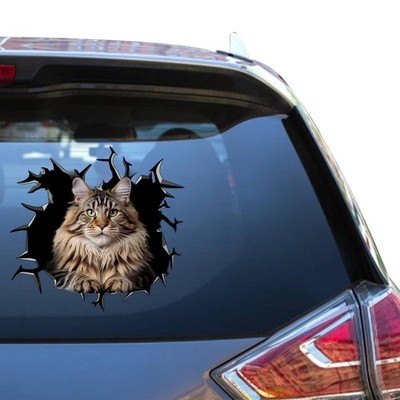 Funny Long Hair Cat Car Window Decal 3D Cracked Glass Cat Sticker