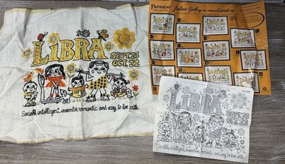 Vtg HTF Paragon Libra Zodiac Gallery Crewel Embroidery Finished Needlework Linen