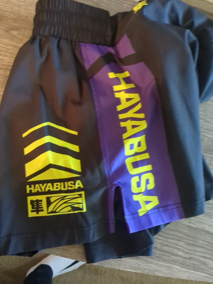 Pantalones Cortos Hayabusa Para Hombres 36 L Negro Púrpura Rayas MMA Grappling Jiu-Jitsu Muay Thai Foto 3 de 4