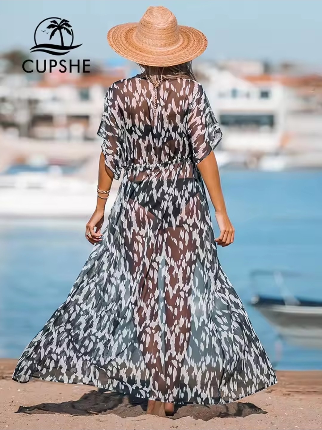 CUPSHE Cupshe Black Leopard Print Maxi Length Kimono Bikini Cover Up NWT - Sz M