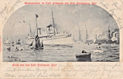 Café Feldmann Wandgemälde Kiel 1902 Stoltenberg Schiffe Ansichtskarte antik AK - Bild 1 von 4