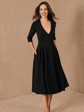BHLDN Women’s Black V-Neck Valdis Midi Wedding Guest Dress with Pockets ~ US 6