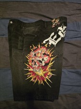 Ed Hardy "Exploding Skull" size 36 Denim Shorts Black.