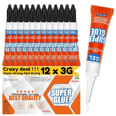12-Pack Super Glue Gel Clear � 3g Strong Non-Drip Adhesive for Plastic Metal