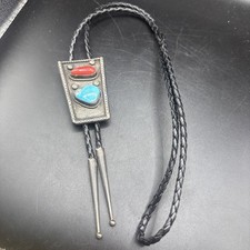Vintage Native American Navajo, Sterling Silver Turquoise Coral Bolo Tie