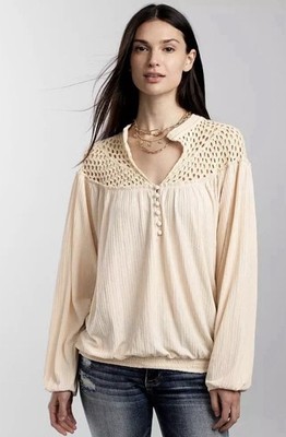 Gimmicks By BKE Crochet Yoke Henley Peasant Top, Cream Size XSMALL