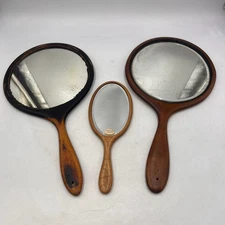 3 Antique Wooden Wood Hand Mirrors With Beveled Glass Primatives