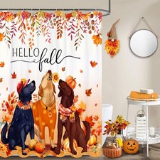 Shower Curtain Set Fall Shower Curtain Autumn Pumpkin Leaves Dog Rustic Water...