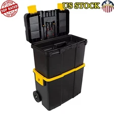 2-in-1 Stackable Tool Box Set W/ Wheel Lockable Durable Plastic Design Black New