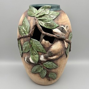 Old Patagonia Art Pottery Raccoon Climbing Tree 12.5" Monumental Pierced Vase