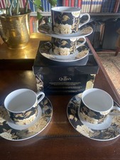 Set Of 4 Sanderson Queens China  Peony Tree Midnight Blue Cups & Saucers