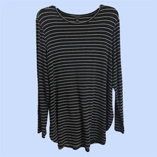 Ann Taylor Long Sleeve Knit Black with White Stripes Tulip Hem Top Size XL