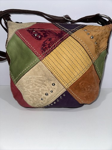 HTF Fossil Butterfly Patchwork Women's Leather Canvas Crossbody Purse Handbag - Picture 4 of 18