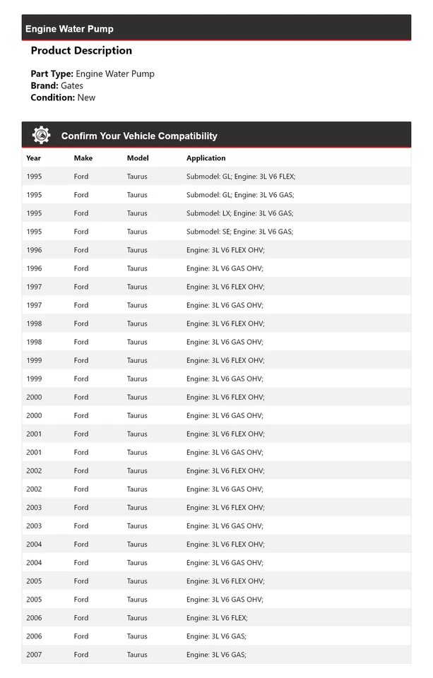 Puertas bomba agua motor Ford Taurus 1995-2007 1996 1997 1998 1999 2000 2001 Foto 2 de 4