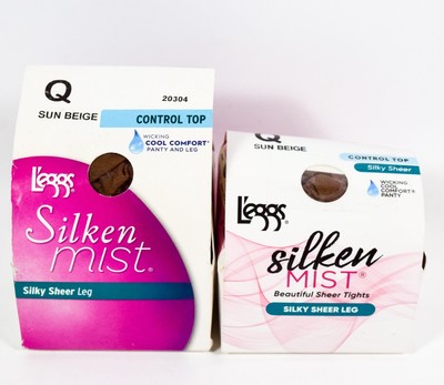 2  L'eggs Silken Mist Control Top Wicking Silky Sheer SUN BEIGE Tights Size Q