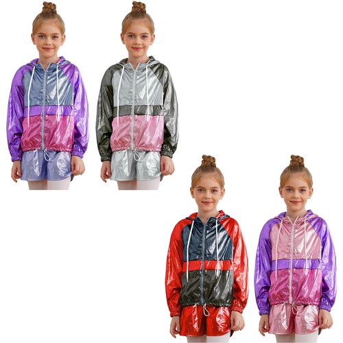 Kids Girls Coat And Shorts Fall Sweatsuit Dance Tracksuit Metallic 2 Piece Yoga - Picture 4 of 37