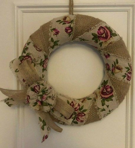 Handgefertigter handgefertigter Kranz Sackleinen mit Vintage Rosen und Schleife Ø ext 23cm int 13cm - Bild 1 von 3