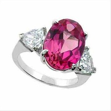 925 Silver Lab Created Pink Sapphire  CZ Three Stone Ring Size 8