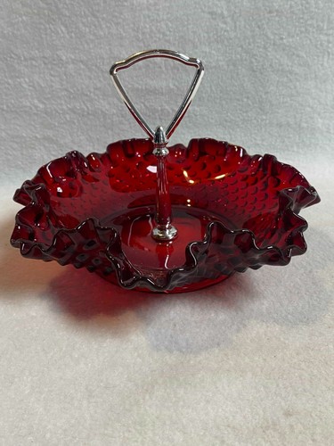 Vintage Ruby Red Hobnail Candy Dish with Handle - Picture 3 of 6