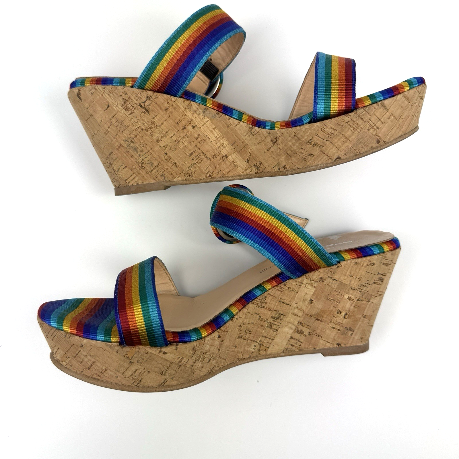 Rainbow Pride Hippy Cork Wedge Slide Sandals by Brenda Zaro Size 38 7.5 US