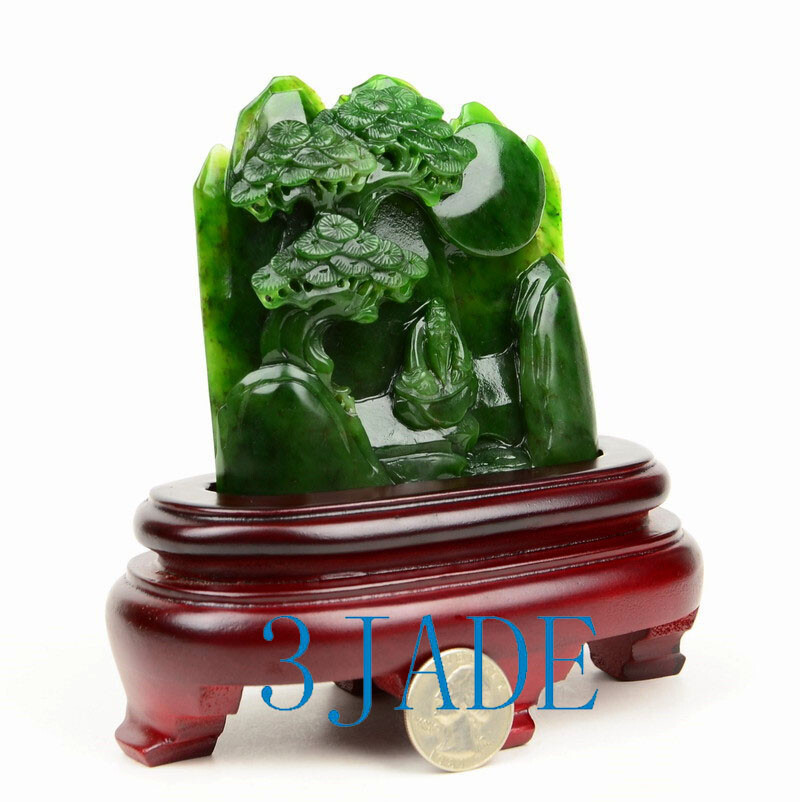 Natural Green Nephrite Jade Mountain Statue /Carving /Sculpture