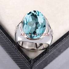 Natural Blue Topaz Gemstone with 925 Sterling Silver Ring for Men's #5614