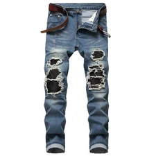 Men's Elastic Jeans Ripped Mesh Skinny Denim Casual Slim Fit Stretchable Pants