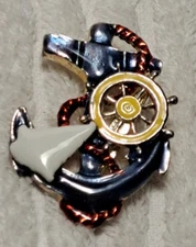 MJ Brooch Anchor Pin Nautical Pendant Signed Red White Blue Vintage Jewelry
