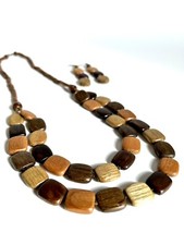 Artisan Polished Wooden Beads Double Strand Necklace and Earrings set