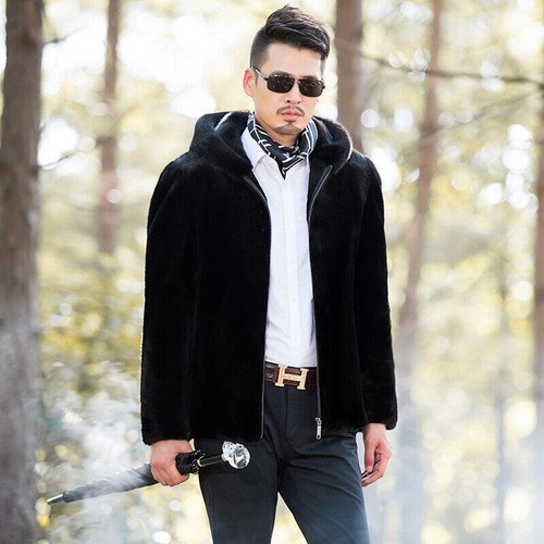 Hooded Men Faux Fur Mink Velvet Short Coat Jacket Lapel Collar Outwear Zip Parka - Picture 14 of 17