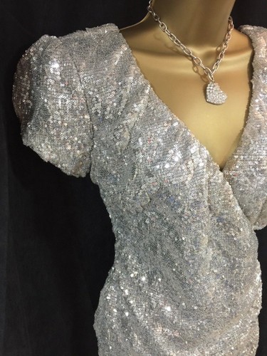 Amy Silver Gold Sequin Wrap Dress 10 Puff Sleeve Occasion Party Xmas Christmas - Picture 8 of 16