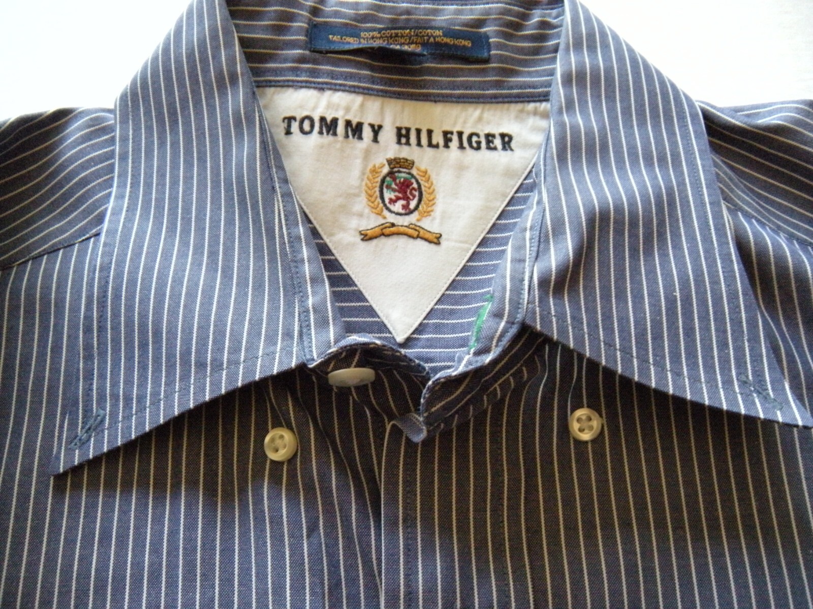 Mens Dress Shirt Blue Striped Long Sleeve Cotton Button Tommy Hilfiger 17 34-35