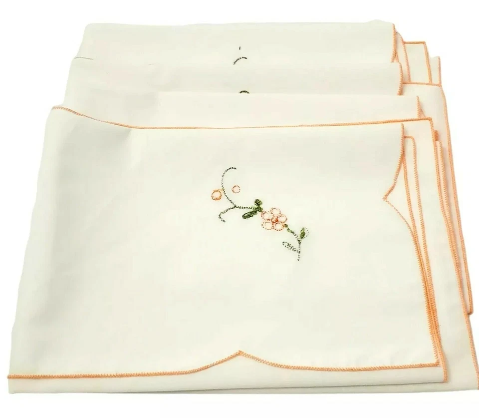 Vintage Embroidered Hankies Handkerchief Floral Coral Pink Trim Lot of 4 NOS - Image 3 of 4