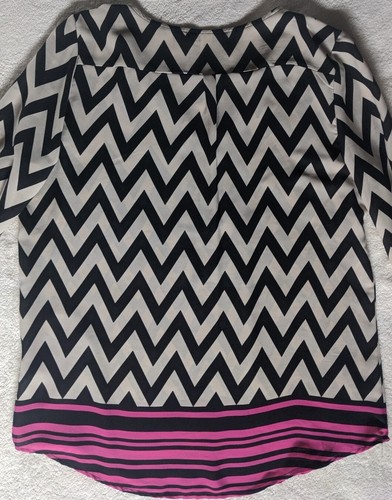 Tacera Tunic Top Blouse Shirt Women L Black White Fuchsia Chevron Print Zipper - Picture 10 of 12
